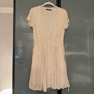 Beige Stripe Button Up Short Sleeve Dress with Pockets